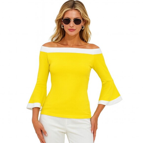 Boston Proper Yellow Off Shoulder Flare Sleeve Colorblock Resortwear Top Size S - Picture 1 of 5